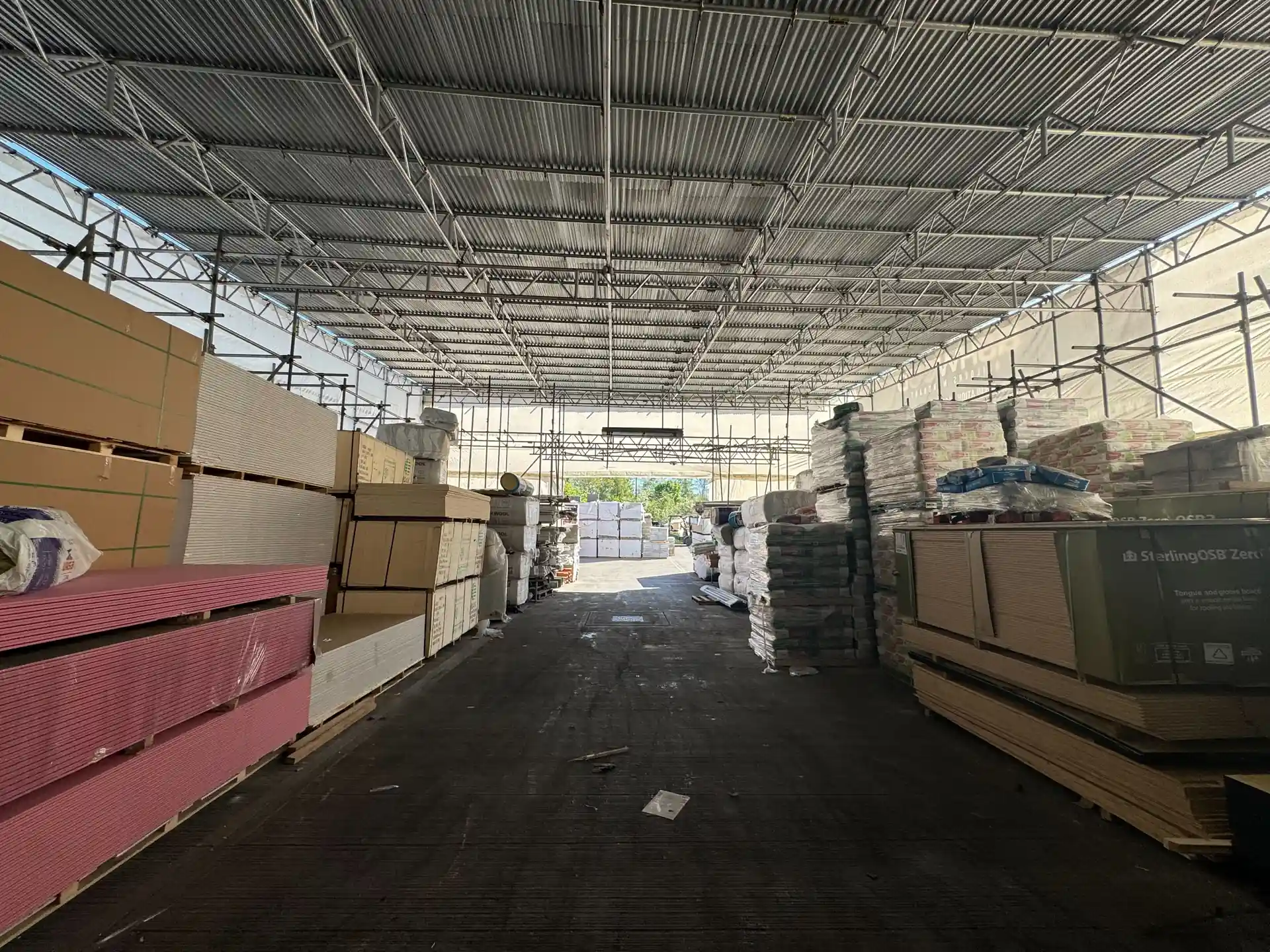 Building materials organised in the Ashwood Builders Merchant yard